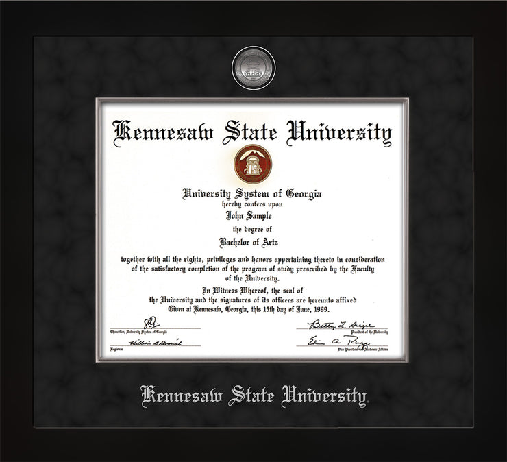 Image of Kennesaw State University Diploma Frame - Flat Matte Black - w/Silver-Plated Medallion & Fillet - w/KSU Name Embossing - Black Suede mat