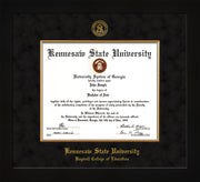 Image of Kennesaw State University Diploma Frame - Bagwell College of Education - Flat Matte Black - with KSU Seal - and BCE Education Name - with Gold Fillet - Black Suede mat