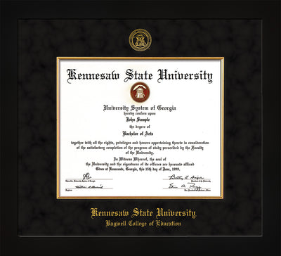 Image of Kennesaw State University Diploma Frame - Bagwell College of Education - Flat Matte Black - with KSU Seal - and BCE Education Name - with Gold Fillet - Black Suede mat