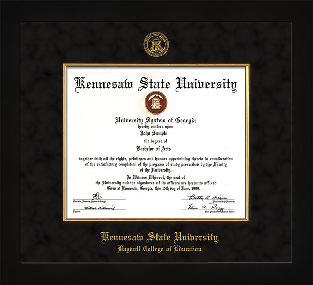 Image of Kennesaw State University Diploma Frame - Bagwell College of Education - Flat Matte Black - with KSU Seal - and BCE Education Name - with Gold Fillet - Black Suede mat