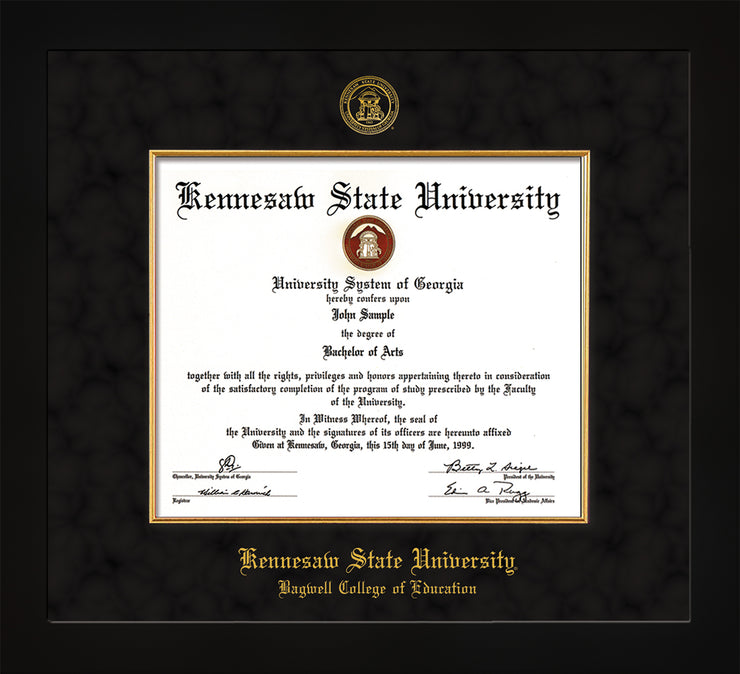 Image of Kennesaw State University Diploma Frame - Bagwell College of Education - Flat Matte Black - with KSU Seal - and BCE Education Name - with Gold Fillet - Black Suede mat