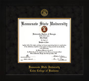Image of Kennesaw State University Diploma Frame - Coles College of Business - Flat Matte Black - with KSU Seal - and CCB Business Name - with Gold Fillet - Black Suede mat