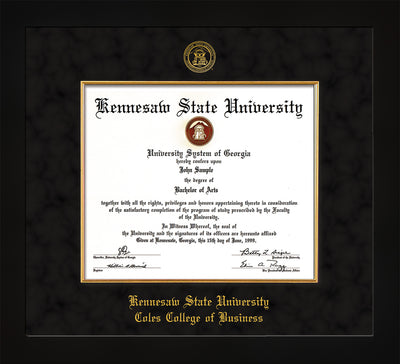 Image of Kennesaw State University Diploma Frame - Coles College of Business - Flat Matte Black - with KSU Seal - and CCB Business Name - with Gold Fillet - Black Suede mat