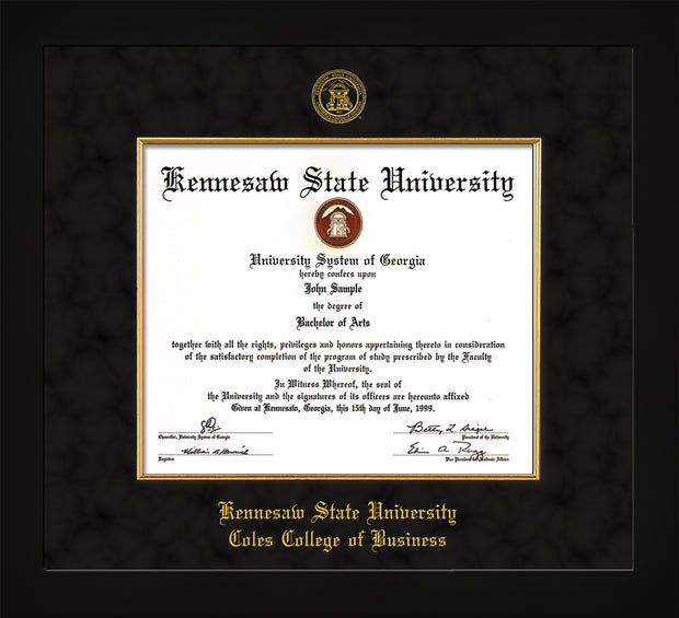 Image of Kennesaw State University Diploma Frame - Coles College of Business - Flat Matte Black - with KSU Seal - and CCB Business Name - with Gold Fillet - Black Suede mat
