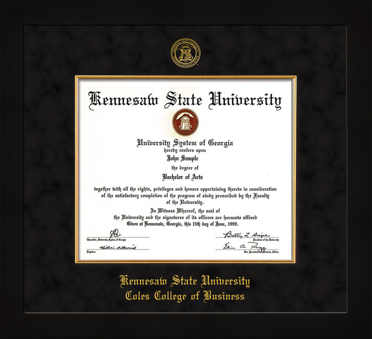 Image of Kennesaw State University Diploma Frame - Coles College of Business - Flat Matte Black - with KSU Seal - and CCB Business Name - with Gold Fillet - Black Suede mat