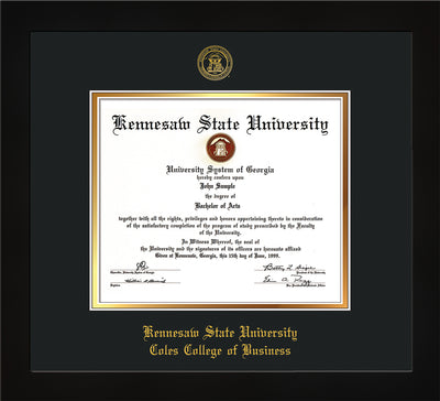 Image of Kennesaw State University Diploma Frame - Coles College of Business - Flat Matte Black - with KSU Seal - and Coles embossing - Black on Gold mat