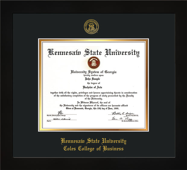 Image of Kennesaw State University Diploma Frame - Coles College of Business - Flat Matte Black - with KSU Seal - and Coles embossing - Black on Gold mat