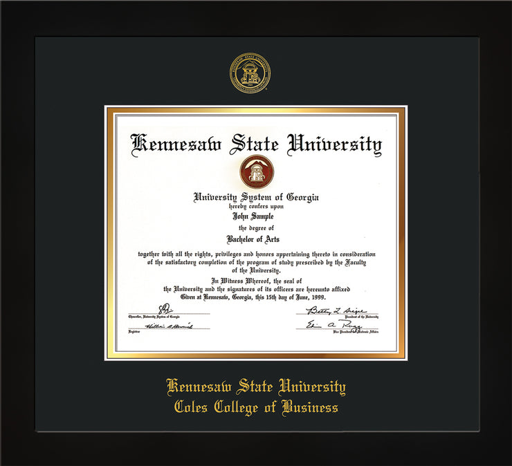 Image of Kennesaw State University Diploma Frame - Coles College of Business - Flat Matte Black - with KSU Seal - and Coles embossing - Black on Gold mat