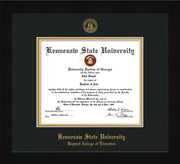 Image of Kennesaw State University Diploma Frame - Bagwell College of Education - Flat Matte Black - with KSU Seal - and BCE Education Name - Black on Gold mat