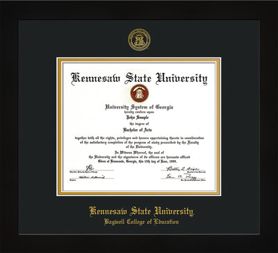 Image of Kennesaw State University Diploma Frame - Bagwell College of Education - Flat Matte Black - with KSU Seal - and BCE Education Name - Black on Gold mat