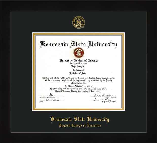 Image of Kennesaw State University Diploma Frame - Bagwell College of Education - Flat Matte Black - with KSU Seal - and BCE Education Name - Black on Gold mat