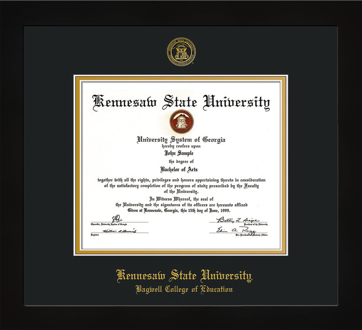 Image of Kennesaw State University Diploma Frame - Bagwell College of Education - Flat Matte Black - with KSU Seal - and BCE Education Name - Black on Gold mat