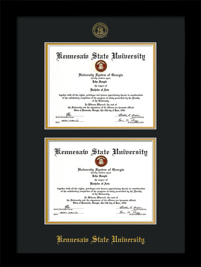 Image of Kennesaw State University Diploma Frame - Flat Matte Black - with KSU Seal - Double Diploma - Black on Gold mat