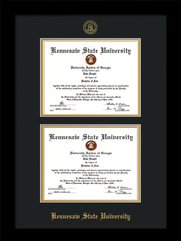 Image of Kennesaw State University Diploma Frame - Flat Matte Black - with KSU Seal - Double Diploma - Black on Gold mat