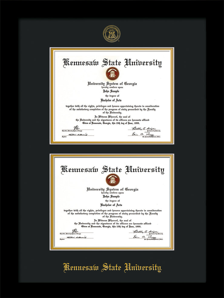 Image of Kennesaw State University Diploma Frame - Flat Matte Black - with KSU Seal - Double Diploma - Black on Gold mat