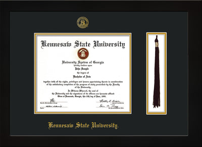 Image of Kennesaw State University Diploma Frame - Flat Matte Black - w/KSU Embossed Seal & School Name - Tassel Holder - Black on Gold mat