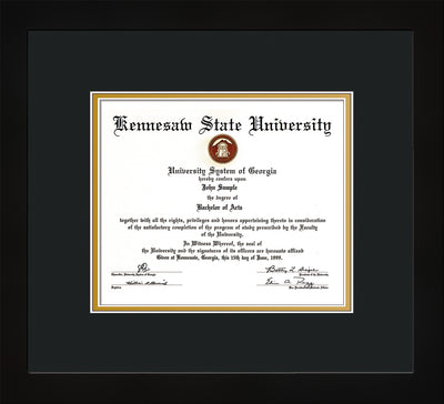 Image of Kennesaw State University Diploma Frame - Flat Matte Black - w/No Embossing - Black on Gold mat