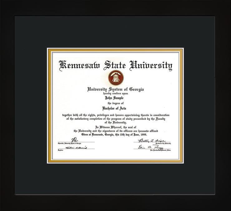 Image of Kennesaw State University Diploma Frame - Flat Matte Black - w/No Embossing - Black on Gold mat