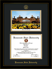 Image of Kennesaw State University Diploma Frame - Honors Black Satin - with KSU Seal - Campus Watercolor - Black on Gold mat