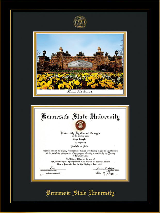 Image of Kennesaw State University Diploma Frame - Honors Black Satin - with KSU Seal - Campus Watercolor - Black on Gold mat