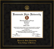 Image of Kennesaw State University Diploma Frame - Coles College of Business - Honors Black Satin - with KSU Seal - and CCB Business Name - with Gold Fillet - Black Suede mat