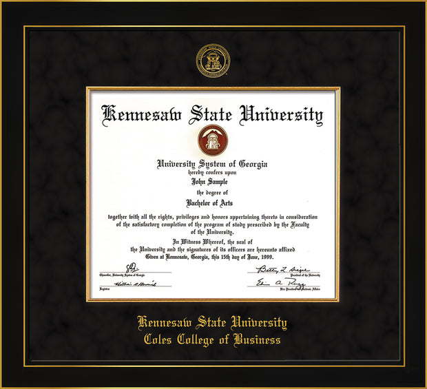Image of Kennesaw State University Diploma Frame - Coles College of Business - Honors Black Satin - with KSU Seal - and CCB Business Name - with Gold Fillet - Black Suede mat
