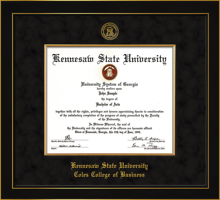 Image of Kennesaw State University Diploma Frame - Coles College of Business - Honors Black Satin - with KSU Seal - and CCB Business Name - with Gold Fillet - Black Suede mat
