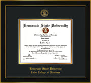 Image of Kennesaw State University Diploma Frame - Coles College of Business - Honors Black Satin - with KSU Seal - and Coles embossing - Black on Gold mat