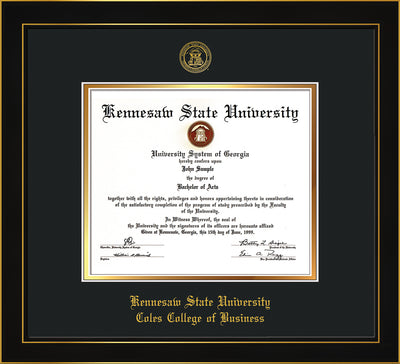 Image of Kennesaw State University Diploma Frame - Coles College of Business - Honors Black Satin - with KSU Seal - and Coles embossing - Black on Gold mat