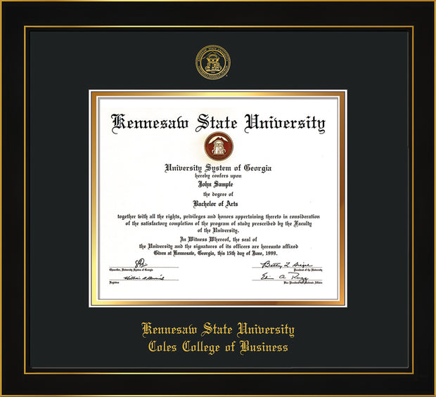 Image of Kennesaw State University Diploma Frame - Coles College of Business - Honors Black Satin - with KSU Seal - and Coles embossing - Black on Gold mat