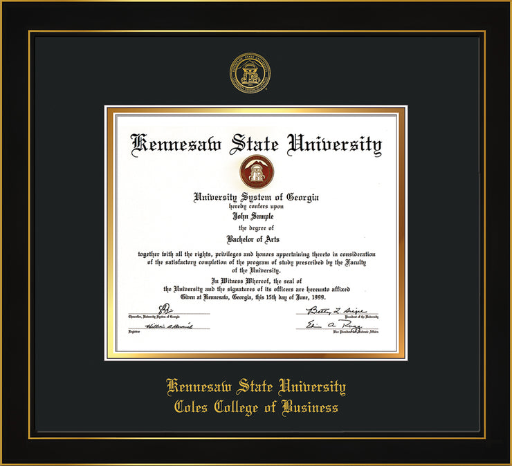 Image of Kennesaw State University Diploma Frame - Coles College of Business - Honors Black Satin - with KSU Seal - and Coles embossing - Black on Gold mat