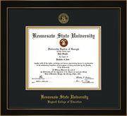 Image of Kennesaw State University Diploma Frame - Bagwell College of Education - Honors Black Satin - with KSU Seal - and BCE Education Name - Black on Gold mat