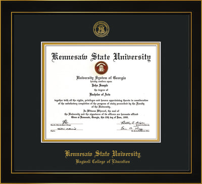 Image of Kennesaw State University Diploma Frame - Bagwell College of Education - Honors Black Satin - with KSU Seal - and BCE Education Name - Black on Gold mat