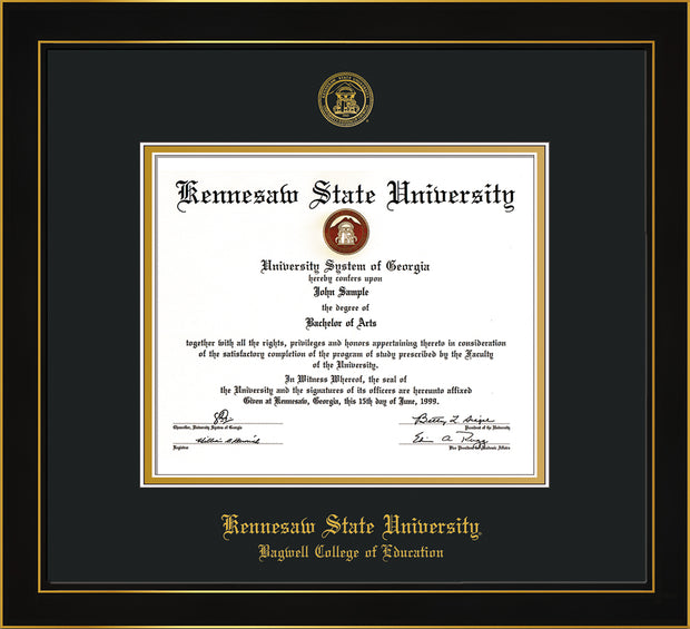 Image of Kennesaw State University Diploma Frame - Bagwell College of Education - Honors Black Satin - with KSU Seal - and BCE Education Name - Black on Gold mat