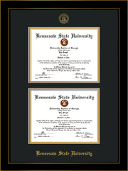 Image of Kennesaw State University Diploma Frame - Honors Black Satin - with KSU Seal - Double Diploma - Black on Gold mat