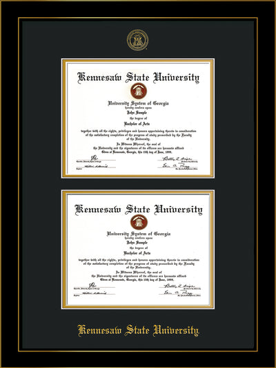 Image of Kennesaw State University Diploma Frame - Honors Black Satin - with KSU Seal - Double Diploma - Black on Gold mat