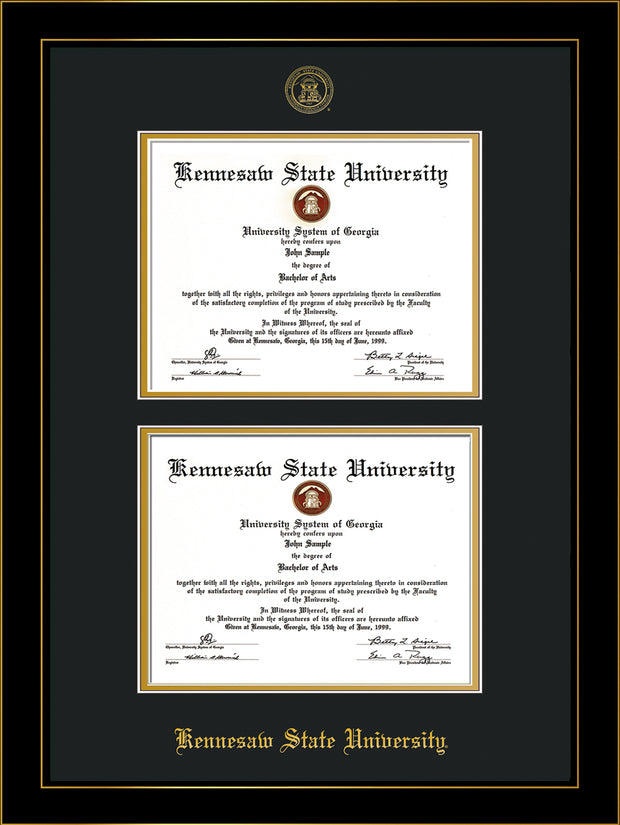 Image of Kennesaw State University Diploma Frame - Honors Black Satin - with KSU Seal - Double Diploma - Black on Gold mat