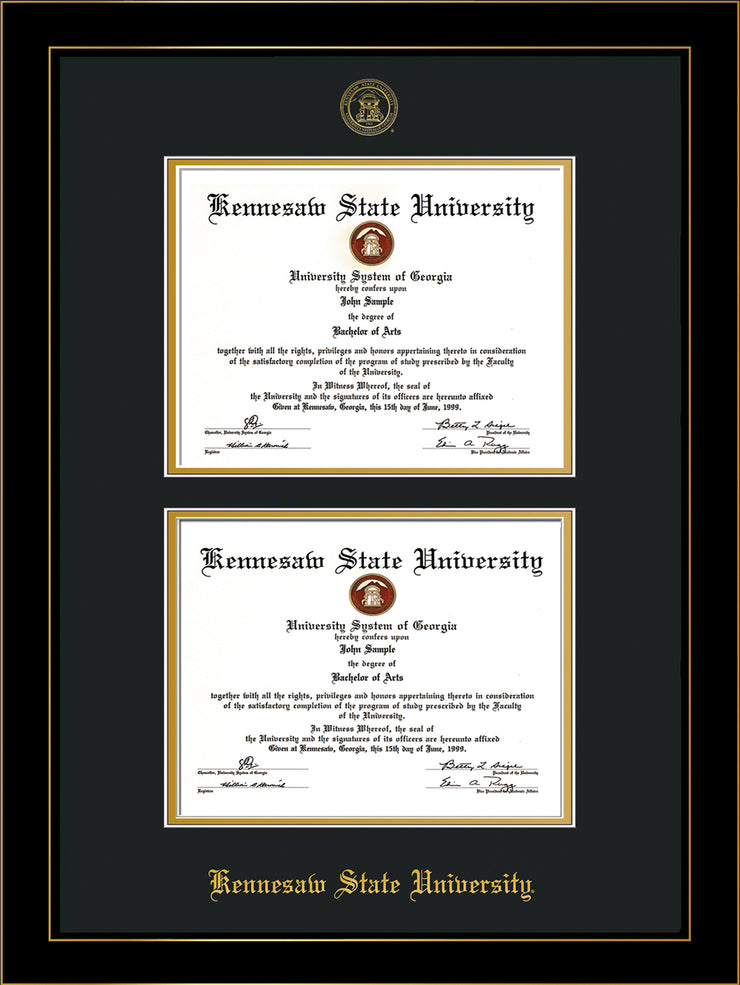 Image of Kennesaw State University Diploma Frame - Honors Black Satin - with KSU Seal - Double Diploma - Black on Gold mat