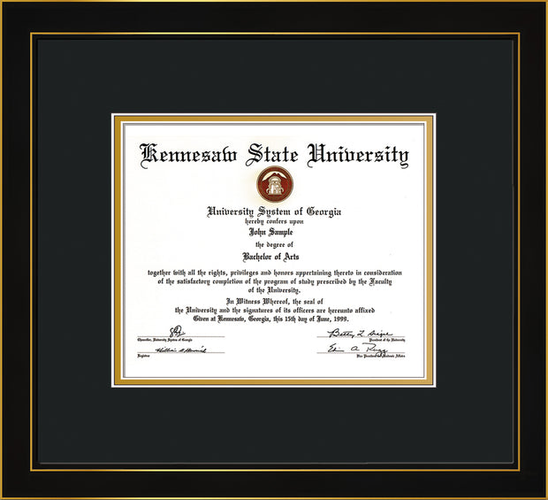 Image of Kennesaw State University Diploma Frame - Honors Black Satin - w/No Embossing - Black on Gold mat