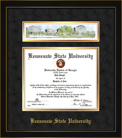 Image of Kennesaw State University Diploma Frame - Honors Black Satin - w/Embossed School Name Only - Campus Collage - Black Suede on Gold mat