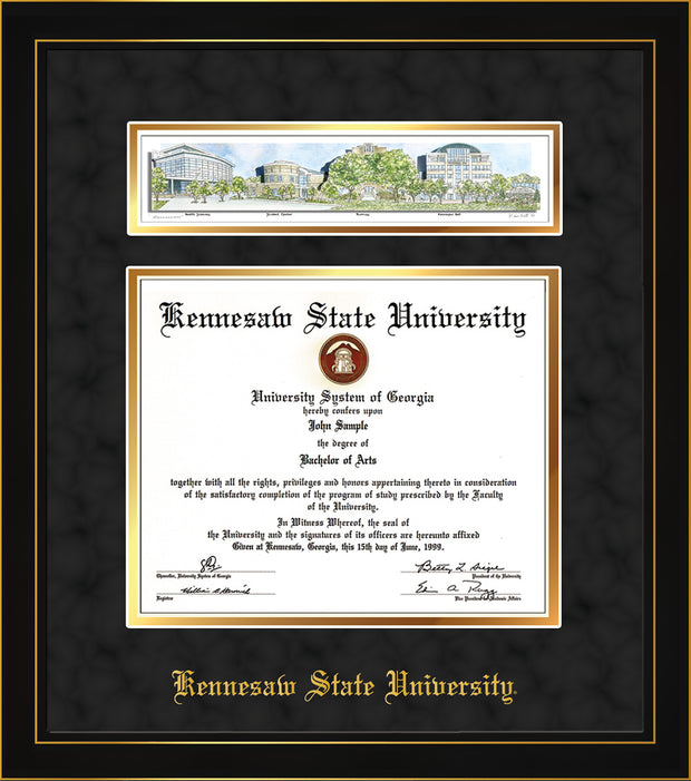 Image of Kennesaw State University Diploma Frame - Honors Black Satin - w/Embossed School Name Only - Campus Collage - Black Suede on Gold mat