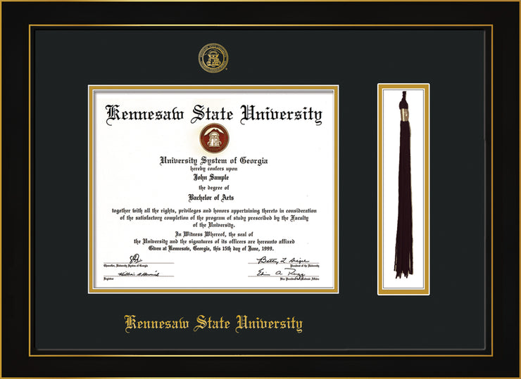 Image of Kennesaw State University Diploma Frame - Honors Black Satin - w/KSU Embossed Seal & School Name - Tassel Holder - Black on Gold mat