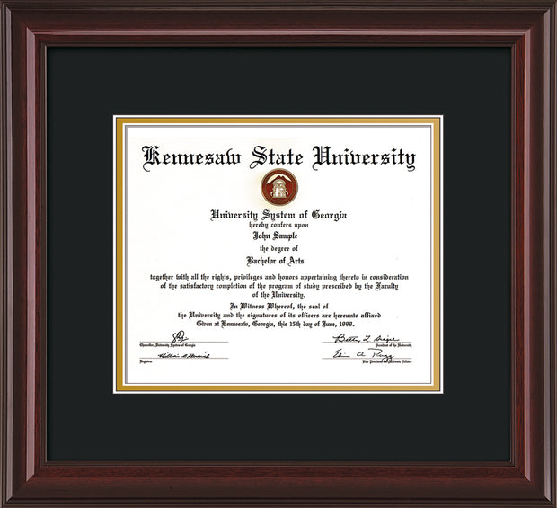 Image of Kennesaw State University Diploma Frame - Mahogany Lacquer - w/No Embossing - Black on Gold mat