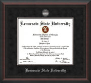 Image of Kennesaw State University Diploma Frame - Mahogany Braid - w/Silver-Plated Medallion & Fillet - w/KSU Name Embossing - Black Suede mat