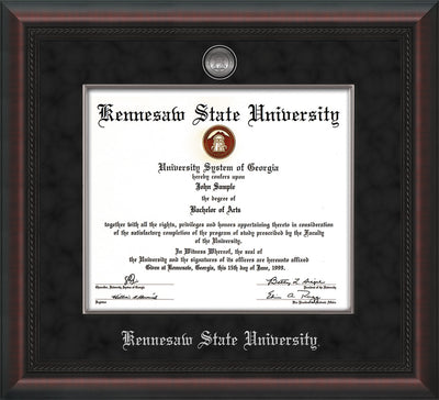 Image of Kennesaw State University Diploma Frame - Mahogany Braid - w/Silver-Plated Medallion & Fillet - w/KSU Name Embossing - Black Suede mat