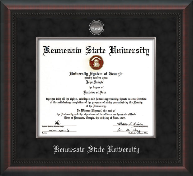 Image of Kennesaw State University Diploma Frame - Mahogany Braid - w/Silver-Plated Medallion & Fillet - w/KSU Name Embossing - Black Suede mat