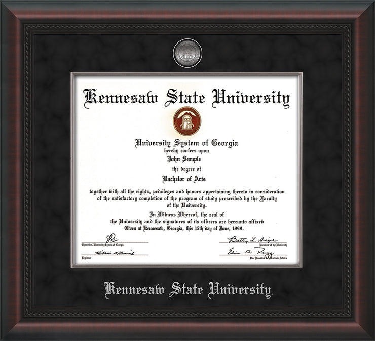Image of Kennesaw State University Diploma Frame - Mahogany Braid - w/Silver-Plated Medallion & Fillet - w/KSU Name Embossing - Black Suede mat