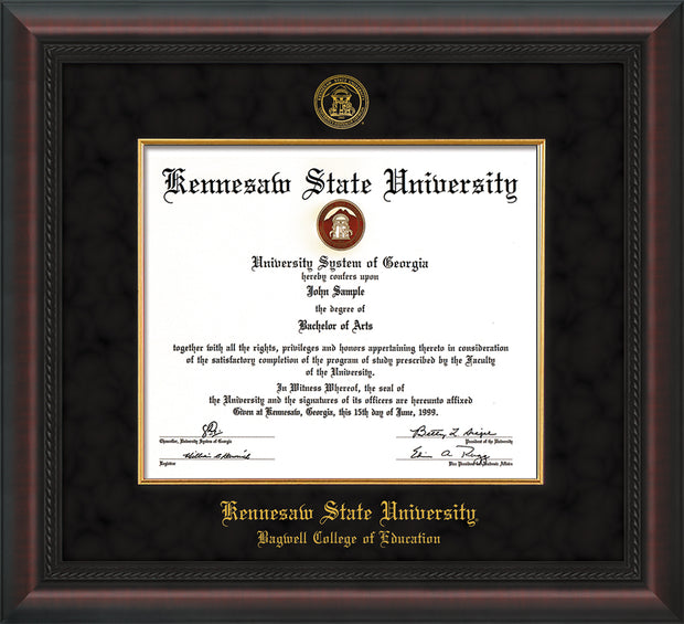 Image of Kennesaw State University Diploma Frame - Bagwell College of Education - Mahogany Braid - with KSU Seal - and BCE Education Name - with Gold Fillet - Black Suede mat