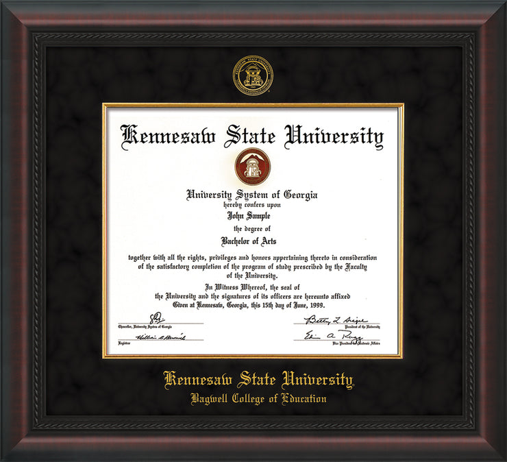Image of Kennesaw State University Diploma Frame - Bagwell College of Education - Mahogany Braid - with KSU Seal - and BCE Education Name - with Gold Fillet - Black Suede mat