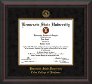Image of Kennesaw State University Diploma Frame - Coles College of Business - Mahogany Braid - with KSU Seal - and CCB Business Name - with Gold Fillet - Black Suede mat